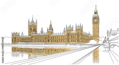 Detailed outline of iconic london landmark reflecting in thames river