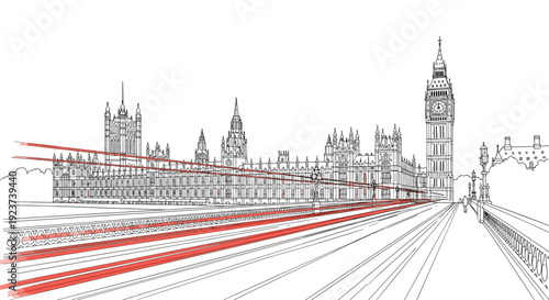 Linear cityscape of london with big ben and westminster in red accents