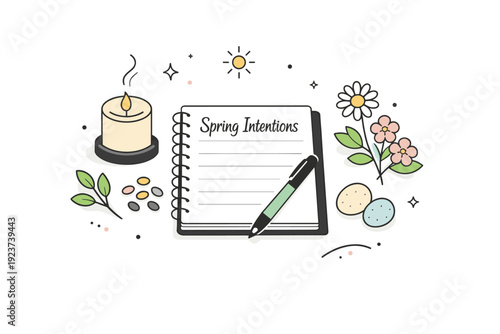 Spring equinox intention setting. A calm scene with a notebook, candle, and symbolic spring elements like seeds or flowers arranged for