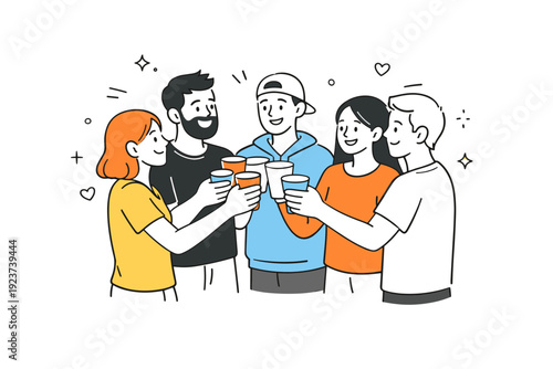 Throwing a farewell party for a friend moving away. Friends raising cups in a relaxed toast, standing close together in a friendly circle. A