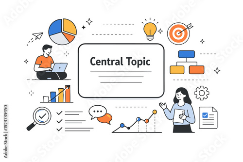 Educational infographics. A calm scene of charts, diagrams, and icons arranged around a central topic card. The feeling is informative,