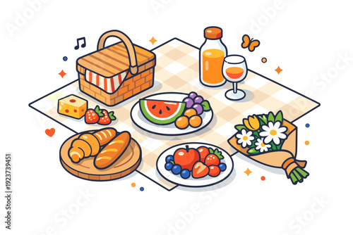 Spring picnic flat lay a cozy arrangement of a picnic blanket with fruits, bread, and flowers viewed from above, conveying relaxation, freshness, and seasonal