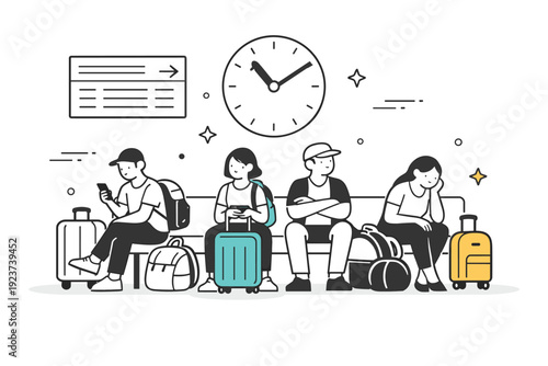 Waiting on benches in a station hall. Travelers sit with backpacks and suitcases, watching time pass while waiting for departures. The scene