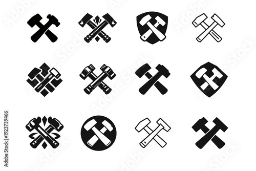 heritage skills revival. Icon set. Set Logo of heritage skills revival: traditional hammer and chisel. harmonious logo variations of the same emblematic