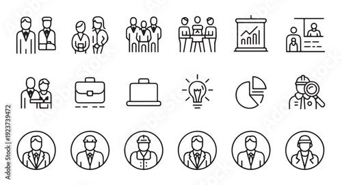 Minimalist linear business icons featuring office staff team collaboration data charts and industrial workers