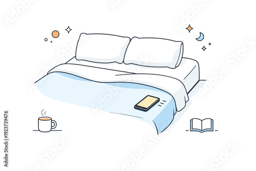 Empty spaces with human traces. A neatly made bed with a phone placed near the edge. Private routine, paused moment, human presence implied