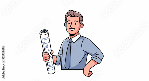 Man Holding Rolled Up Blueprint Document.