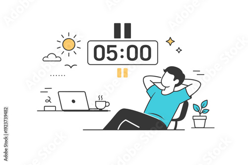 Summer breaks between work sprints. A timer pauses on the screen as a person relaxes briefly, sitting back with hands behind the head. Visual metaphor for