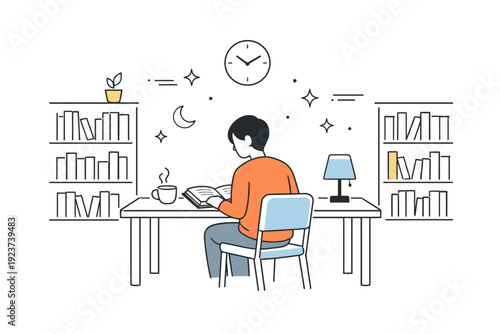 Reading rooms stillness. Person sitting alone with an open book in a softly lit reading room, surrounded by shelves and quiet air. Calm interior and peaceful