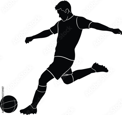 Soccer player silhouette strikes ball aggressively during a powerful match.