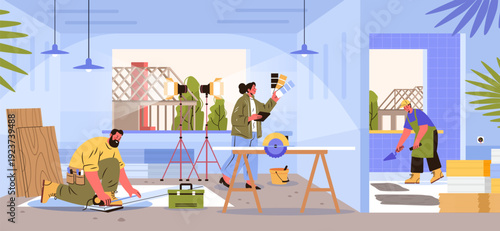 Skilled tradespeople teamwork construction interior design renovation workers measuring planning painting tiling tools wood tiles modern workspace template