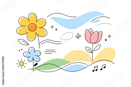 Magazine spring abstract cover concept. Large soft shapes inspired by flowers and wind, arranged like a contemporary magazine illustration.