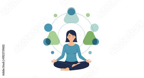 A calm woman sits in a lotus meditation pose with closed eyes encircled by an abstract blue and green geometric pattern on a white background, Generative AI.