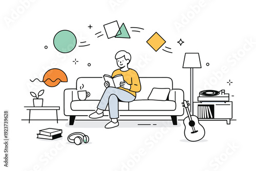 Analog hobbies in modern homes. Cozy living room with a person reading a paper book on a sofa, modern minimal interior and calm daylight, sense of slow living