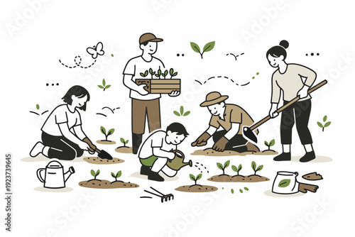 Community planting scene. People calmly working together in a small garden space with visible sprouts and tools around, soft teamwork and seasonal care. Warm