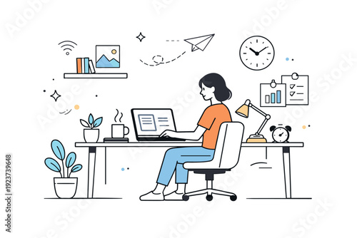 Home office. Modern stock illustration combining interior workspace elements and abstract geometry into a calm editorial scene. Balanced