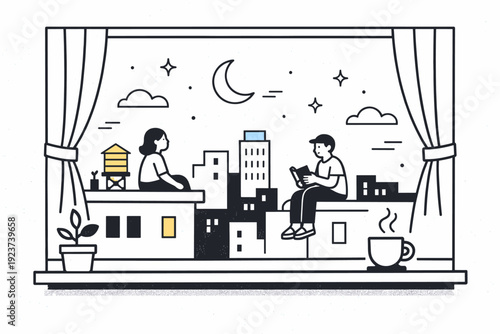 Film-like grain aesthetics. Evening city scene viewed through a window, faint grain adding depth and softness. Cinematic urban calm with