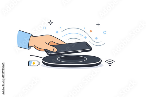 Wireless charging station. A person places a smartphone on a sleek wireless pad, subtle abstract lines and floating dots illustrating energy