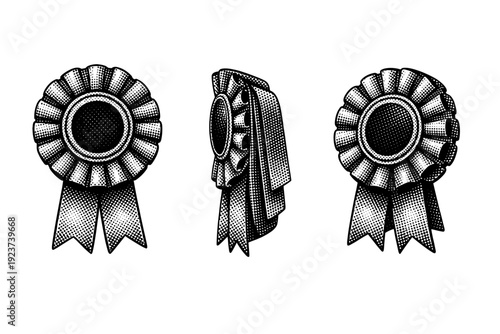 Commemorative ribbon badge. A ribbon-style commemorative badge is displayed in three views: frontal view, side folded view, and three-quarter angled view,
