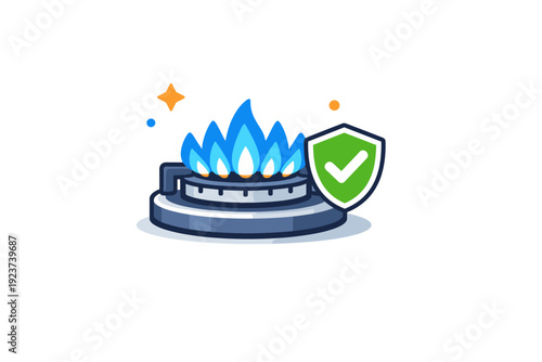 Stovetop burner kitchen safety concept shown as a clean burner with controlled flame and subtle shield or check icon, expressing reliability,