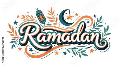Ramadan Celebration Decorative Text with Lantern Moon Stars Festive Islamic Holiday Greeting Design for Social Media and Web
