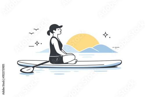 Paddleboarding at sunrise. Person pausing on the board, paddle resting on the water, breathing in the morning calm. Stillness and balance