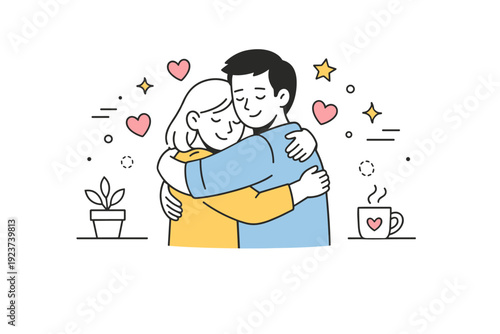 Couple hugging. A loving embrace between two characters in a cozy indoor setting, abstract hearts and stars floating gently, calm and tender