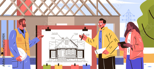 Architects construction teamwork house blueprint planning building site professionals discussing architectural drawing under construction frame outdoor teamwork concept
