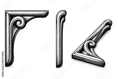Minimal corner decoration frame piece object shown in three views including front view, side view, and angled view focusing on
