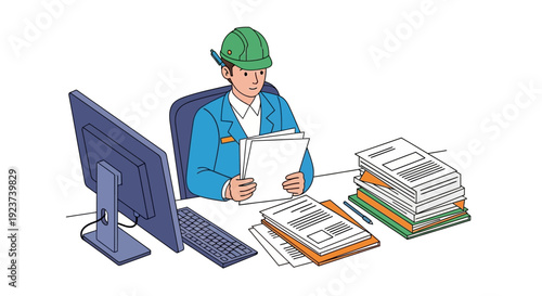 Man in hard hat reading documents at desk.