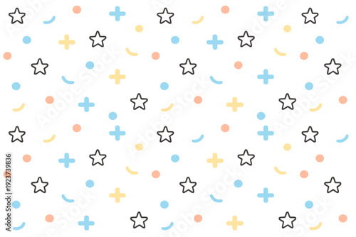 Playful simple texture pattern. Small stars, crosses, and abstract marks repeating gently with consistent spacing. Friendly and light