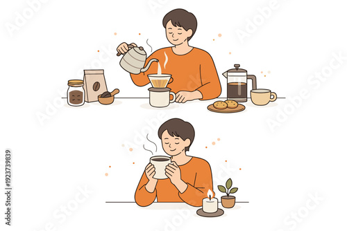 Mindful morning coffee ritual. A person preparing and enjoying coffee or tea slowly at home, focusing on aroma and warmth, with no screens