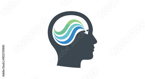 A dark human head silhouette in profile showing swirling blue and green waves flowing into the ear on a white background, Generative AI.