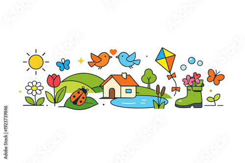 Spring banner design fresh seasonal elements arranged in a clean horizontal composition, conveying renewal, optimism, and a light spring atmosphere. A balanced