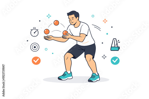 Coordination drills with balls. Athlete performing controlled ball toss and catch drills, focused posture and steady rhythm, clean training space emphasizing