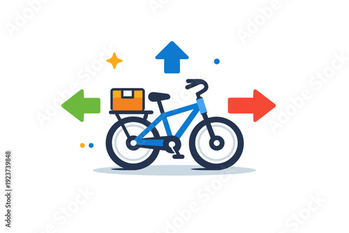 Bicycle delivery and urban service idea visualized by a bike with a small box and directional arrows, expressing modern last mile logistics, speed and human