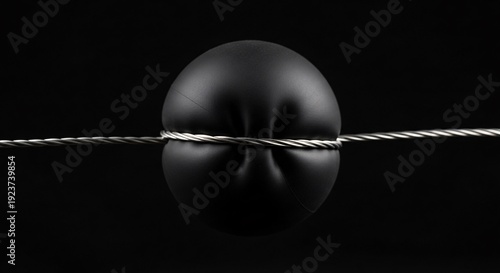Stress and pressure concept, smooth black sphere being squeezed tightly by a twisted metal wire.