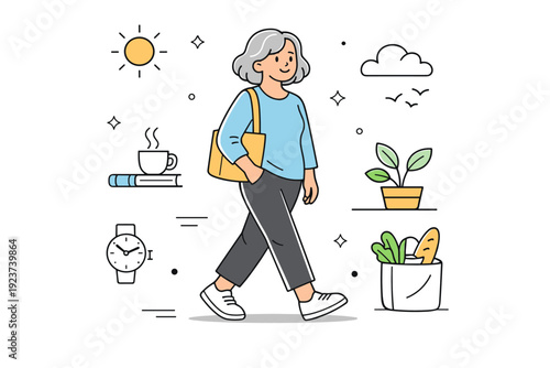 Gray hair everyday normality. An older person goes through a simple daily routine, calmly walking or standing with relaxed posture,
