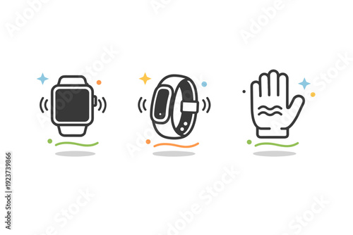 Wearable haptic technology icons. Simple icons of smartwatches, wristbands, and gloves with gentle wave lines indicating vibration. The