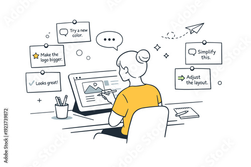 Designer Feedback Iteration. Creative review feedback loops. A designer refines a concept while referencing comments pinned nearby. Quiet sense of iteration,