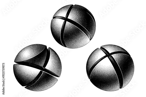 Minimal halftone sphere segmented sphere, a single orb divided into clean geometric sections while remaining one object, displayed in three