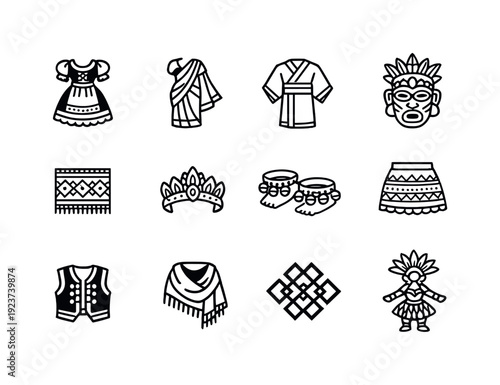 Traditional and cultural dance costumes. Line outline icon set of Traditional and cultural