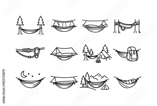 Camping Hammock. Line icon set of Camping Hammock: hammock in forest, hammock with mosquito net, rain fly over hammock, tree straps setup,