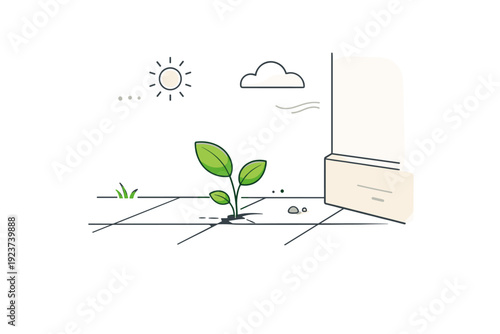 Urban nature micro-moments. A calm editorial scene of a small plant growing between sidewalk tiles near a building wall. Quiet resilience, contrast of city and