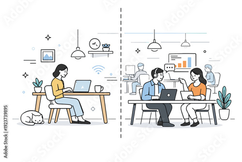 Hybrid work concepts. Split scene showing a desk at home on one side and a shared office space on the other. Smooth transition and flexibility of modern work