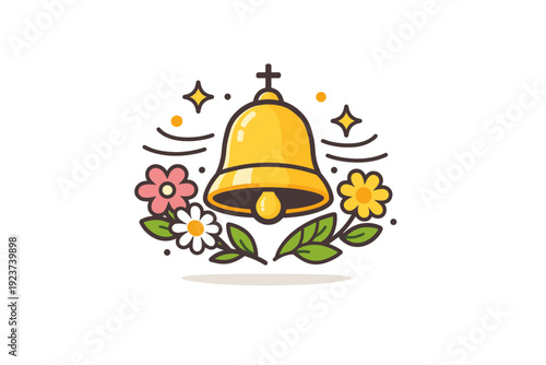Spring church celebration warm community atmosphere shown through a church bell surrounded by flowers and soft motion lines, expressing joy,