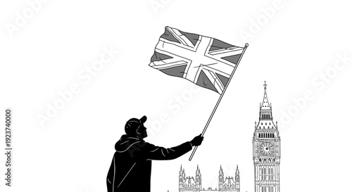 Silhouette of person holding union jack flag with big ben in background
