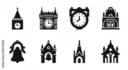 Icon set of gothic church silhouettes and bells featuring clock towers