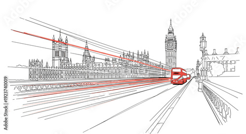 Cityscape line art of london landmarks with red double-decker bus