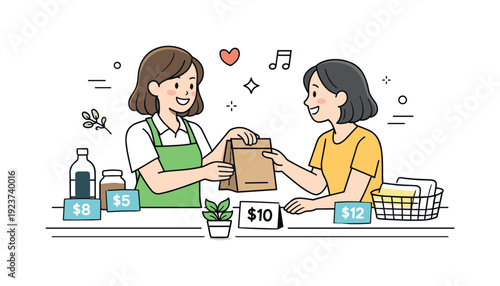 Friendly shopkeeper hands a paper bag to a smiling customer at a market stall